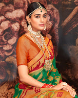 Vishal Prints Dark Green And Red Silk Brasso Saree With Tassel