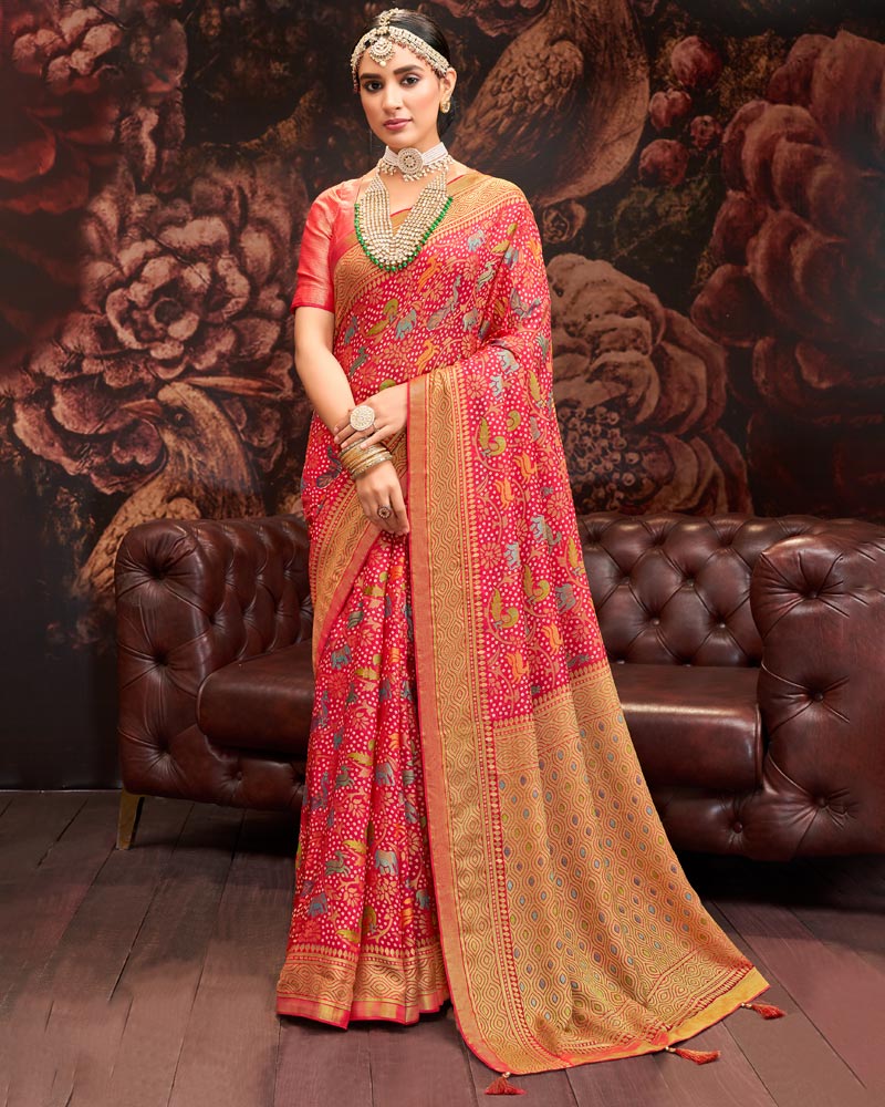 Vishal Prints Rose Red Silk Brasso Saree With Tassel