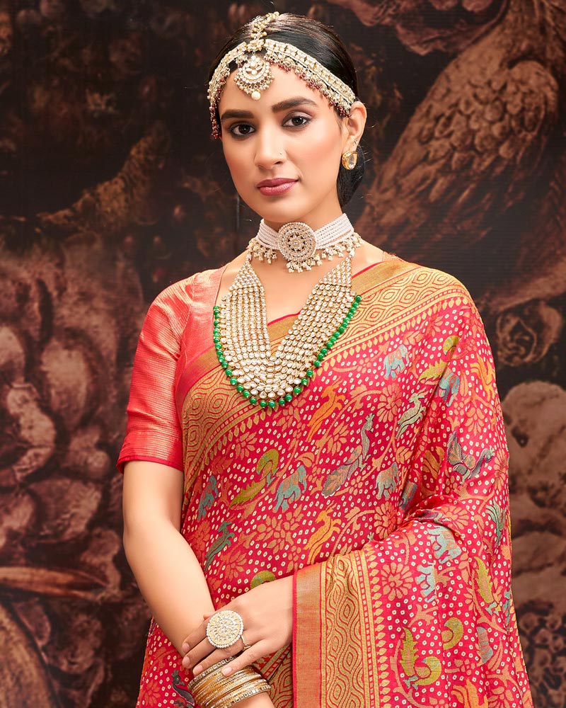 Vishal Prints Rose Red Silk Brasso Saree With Tassel