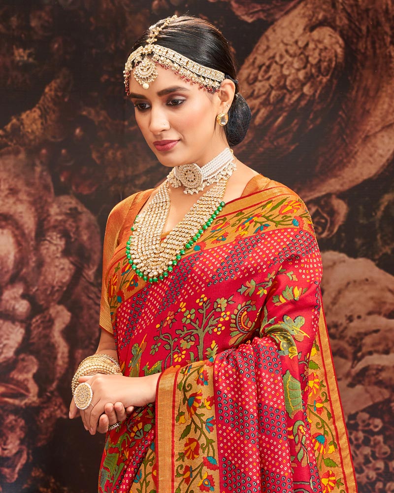 Vishal Prints Milano Red Silk Brasso Saree With Tassel