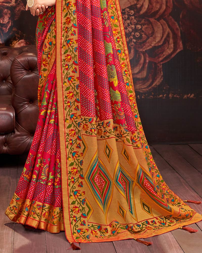 Vishal Prints Milano Red Silk Brasso Saree With Tassel