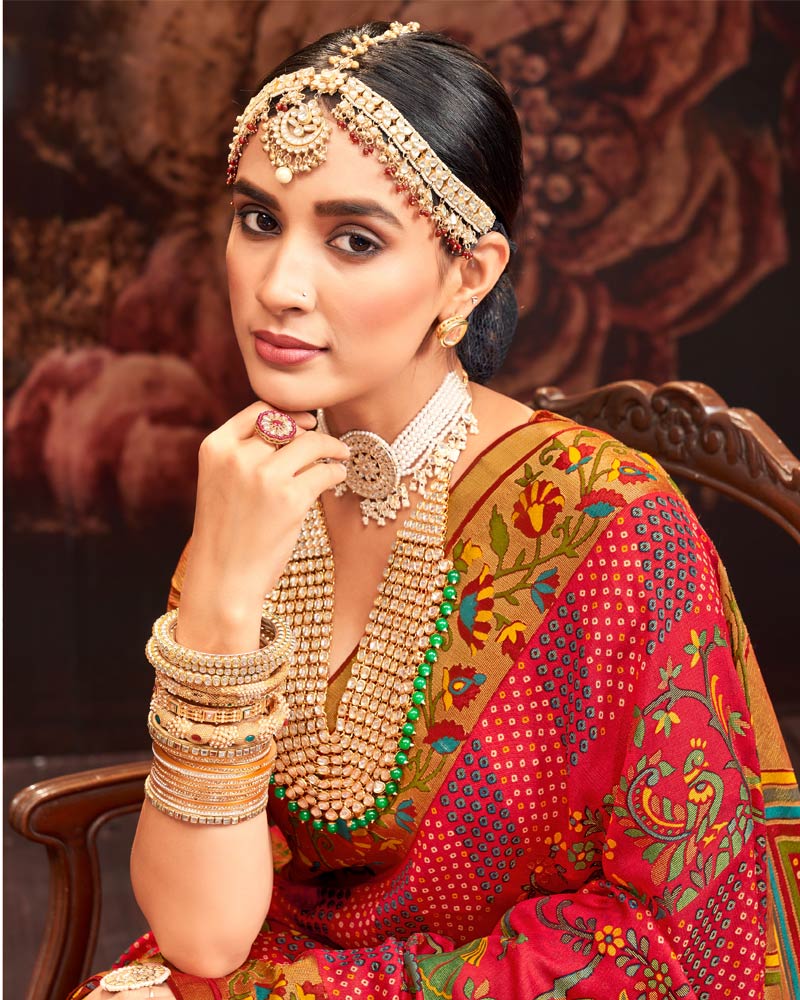 Vishal Prints Milano Red Silk Brasso Saree With Tassel