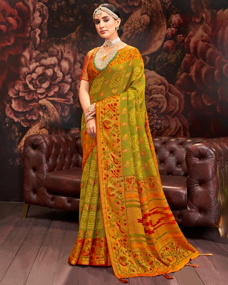 Vishal Prints Olive Green Silk Brasso Saree With Tassel