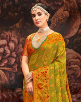 Vishal Prints Olive Green Silk Brasso Saree With Tassel