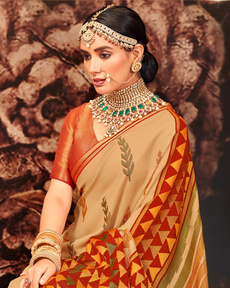 Vishal Prints Pastel Orange Silk Brasso Saree With Tassel
