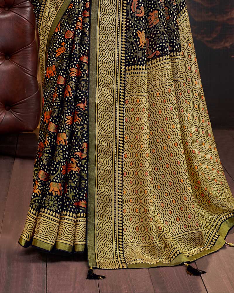 Vishal Prints Midnight Blue Silk Brasso Saree With Tassel