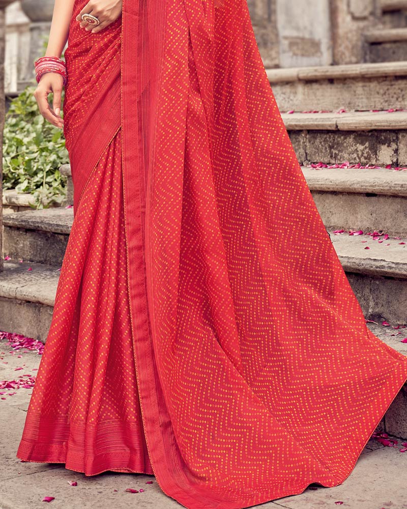 Vishal Prints Dark Red Printed Fancy Chiffon Saree With Core Piping