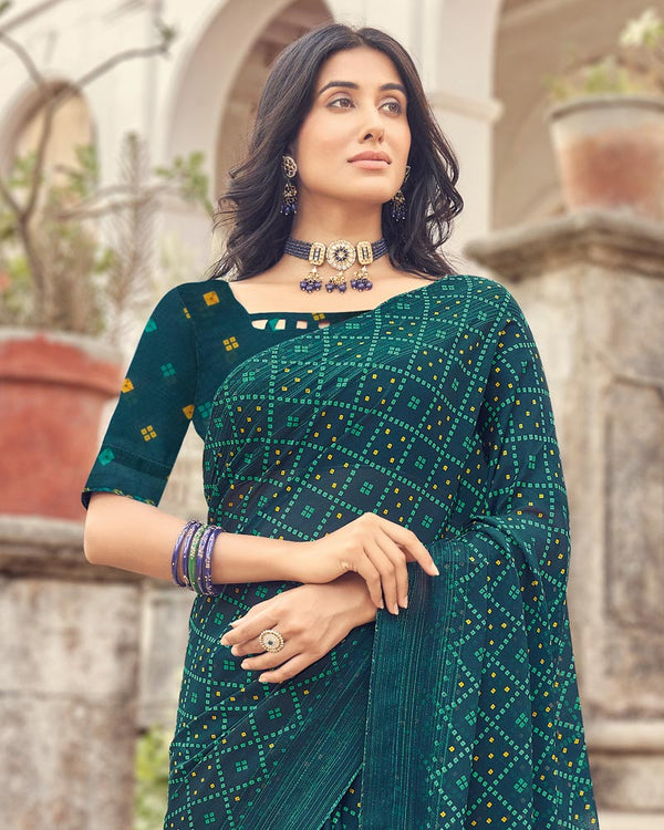 Vishal Prints Dark Teal Blue Printed Fancy Chiffon Saree With Core Piping