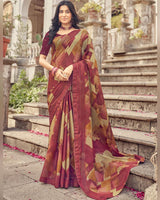 Vishal Prints Burgundy Printed Fancy Chiffon Saree With Core Piping