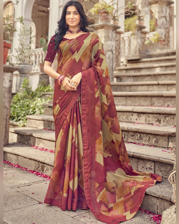 Vishal Prints Burgundy Printed Fancy Chiffon Saree With Core Piping