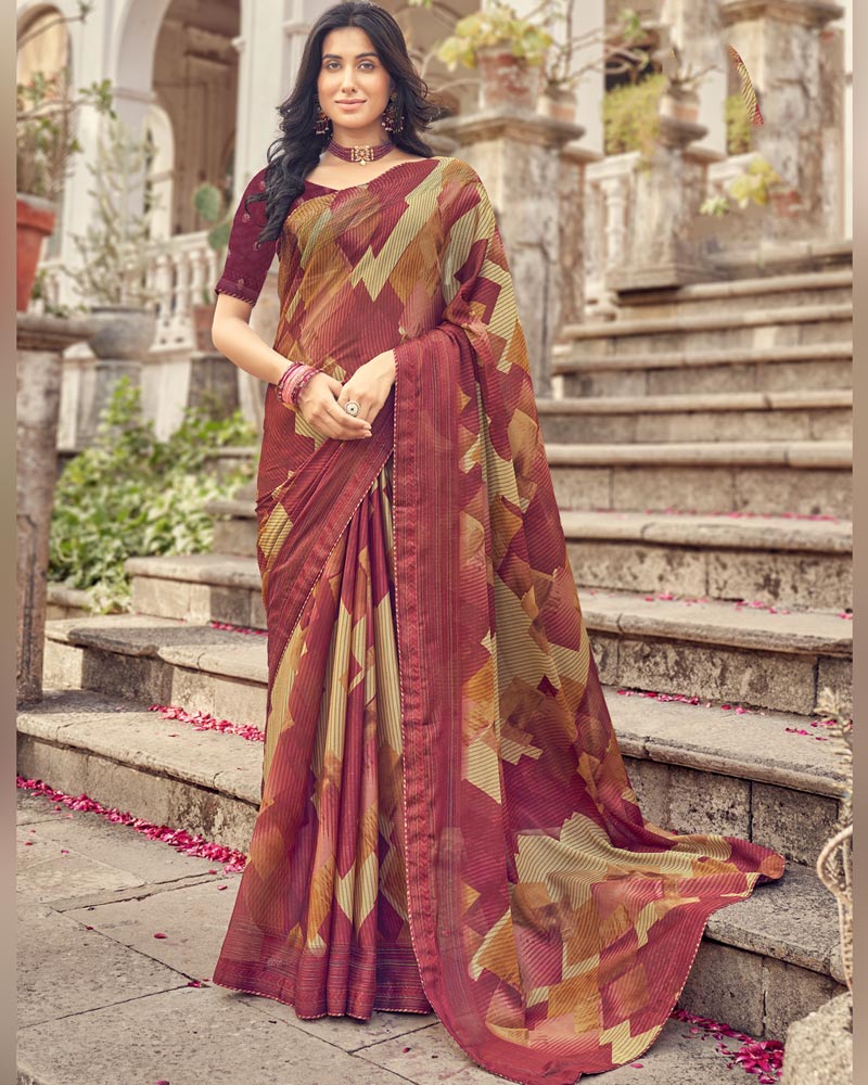Vishal Prints Burgundy Printed Fancy Chiffon Saree With Core Piping