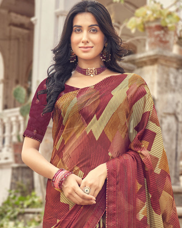 Vishal Prints Burgundy Printed Fancy Chiffon Saree With Core Piping