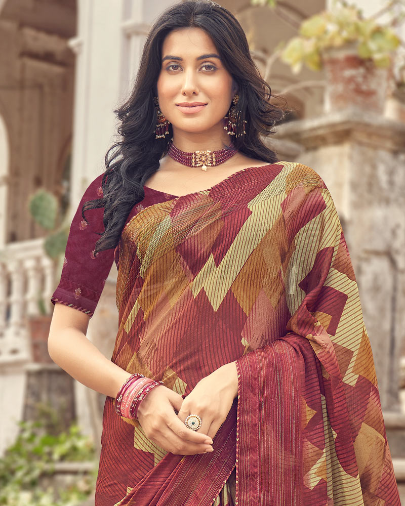 Vishal Prints Burgundy Printed Fancy Chiffon Saree With Core Piping