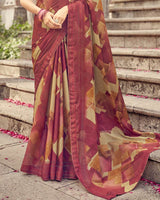Vishal Prints Burgundy Printed Fancy Chiffon Saree With Core Piping