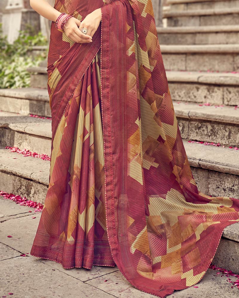 Vishal Prints Burgundy Printed Fancy Chiffon Saree With Core Piping