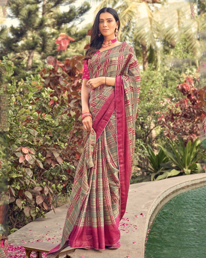 Vishal Prints Sage Green Printed Fancy Chiffon Saree With Core Piping