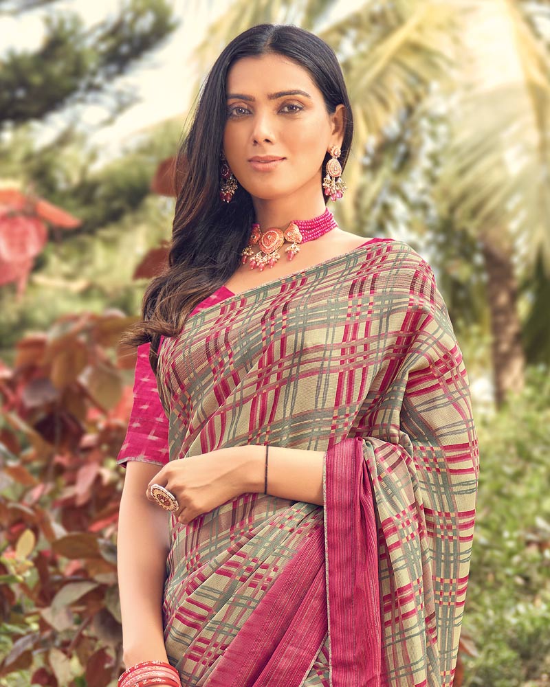 Vishal Prints Sage Green Printed Fancy Chiffon Saree With Core Piping