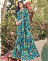 Vishal Prints Teal Blue Printed Fancy Chiffon Saree With Core Piping