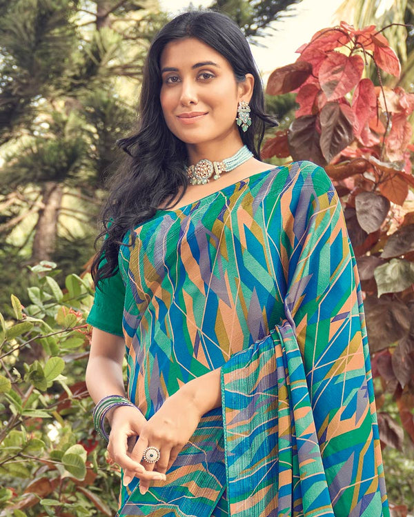 Vishal Prints Teal Blue Printed Fancy Chiffon Saree With Core Piping