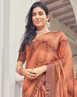 Vishal Prints Dark Peach Printed Fancy Chiffon Saree With Core Piping