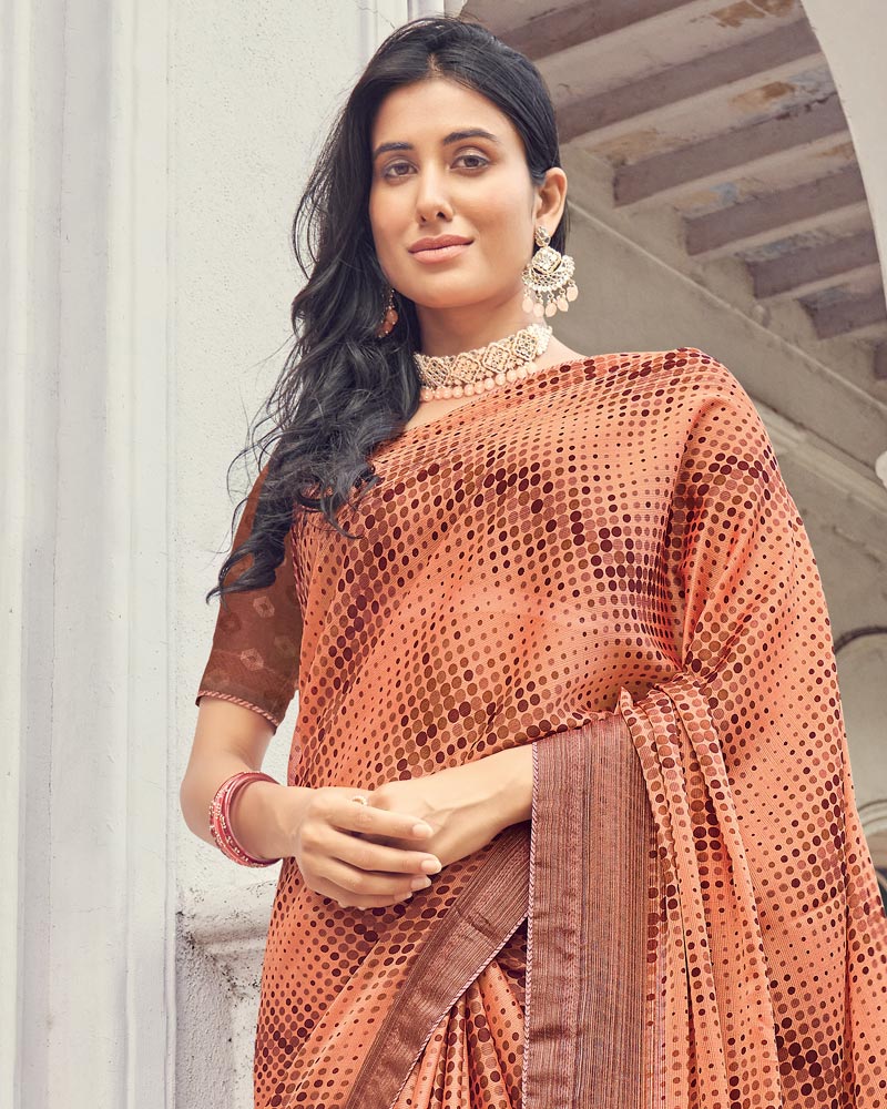 Vishal Prints Dark Peach Printed Fancy Chiffon Saree With Core Piping