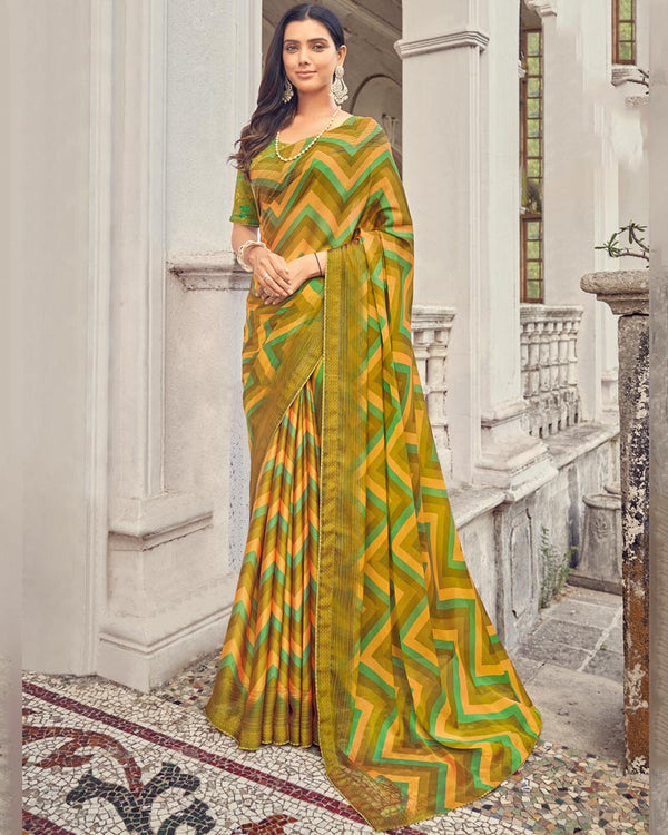 Vishal Prints Dark Yellow Printed Fancy Chiffon Saree With Core Piping