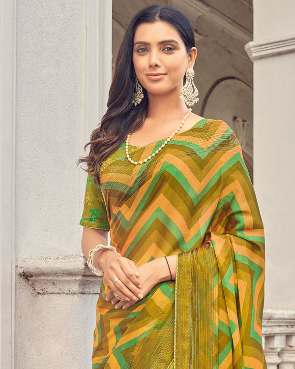Vishal Prints Dark Yellow Printed Fancy Chiffon Saree With Core Piping