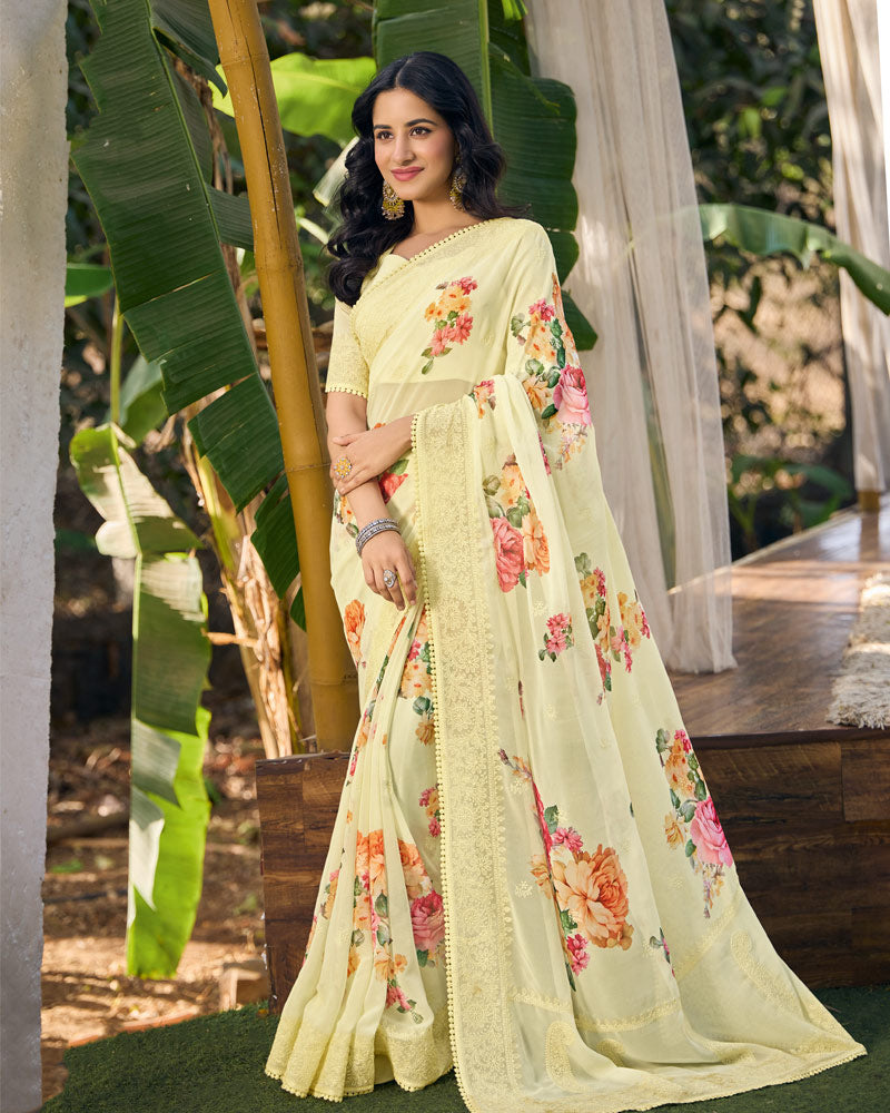 Vishal Prints Spanish Cream Designer Digital Print Georgette Saree With Embroidery Work