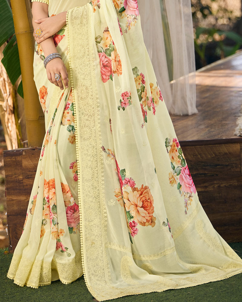Vishal Prints Spanish Cream Designer Digital Print Georgette Saree With Embroidery Work