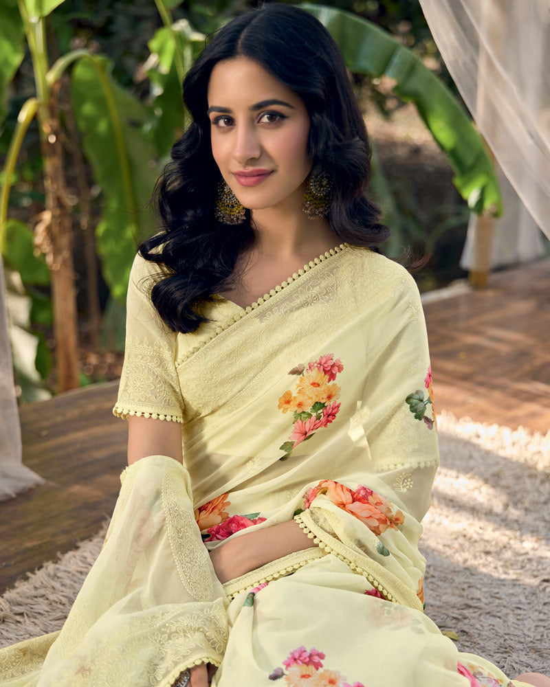 Vishal Prints Spanish Cream Designer Digital Print Georgette Saree With Embroidery Work
