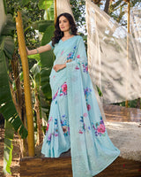 Vishal Prints Pastel Blue Designer Digital Print Georgette Saree With Embroidery Work