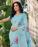 Vishal Prints Pastel Blue Designer Digital Print Georgette Saree With Embroidery Work