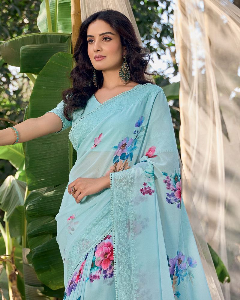 Vishal Prints Pastel Blue Designer Digital Print Georgette Saree With Embroidery Work
