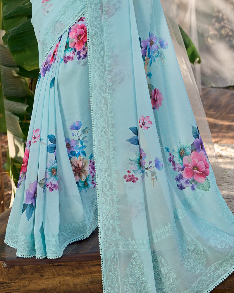 Vishal Prints Pastel Blue Designer Digital Print Georgette Saree With Embroidery Work