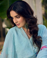 Vishal Prints Pastel Blue Designer Digital Print Georgette Saree With Embroidery Work