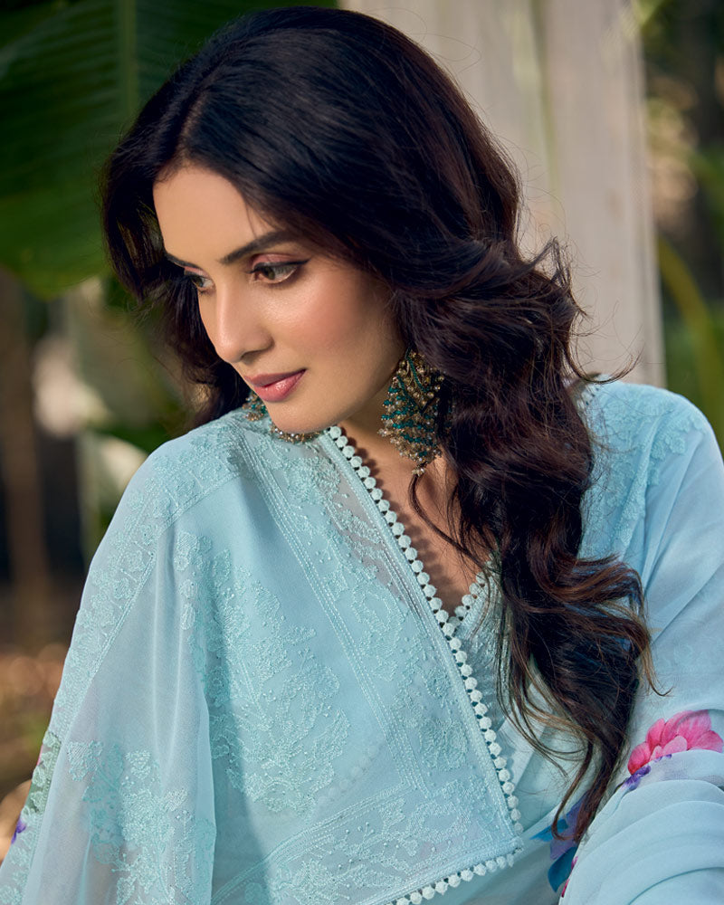 Vishal Prints Pastel Blue Designer Digital Print Georgette Saree With Embroidery Work