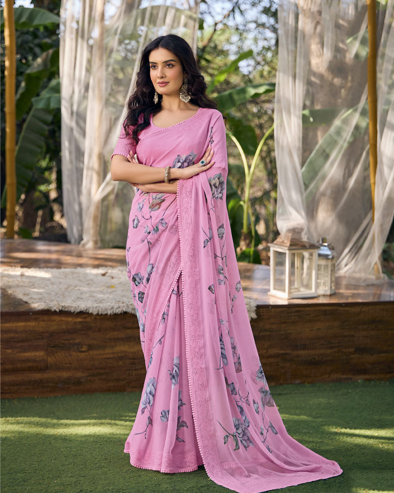Vishal Prints Daisy Pink Designer Digital Print Georgette Saree With Embroidery Work