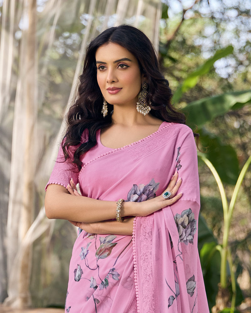 Vishal Prints Daisy Pink Designer Digital Print Georgette Saree With Embroidery Work