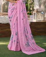Vishal Prints Daisy Pink Designer Digital Print Georgette Saree With Embroidery Work