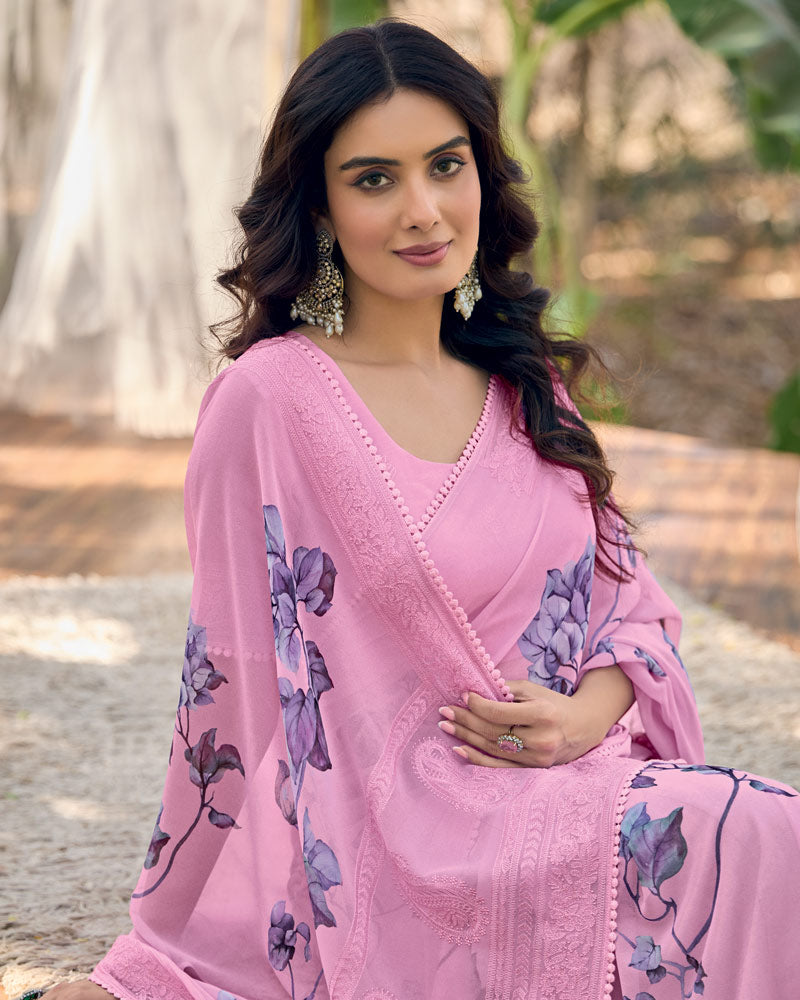 Vishal Prints Daisy Pink Designer Digital Print Georgette Saree With Embroidery Work