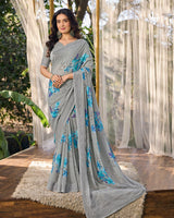 Vishal Prints Dusty Grey Designer Digital Print Georgette Saree With Embroidery Work