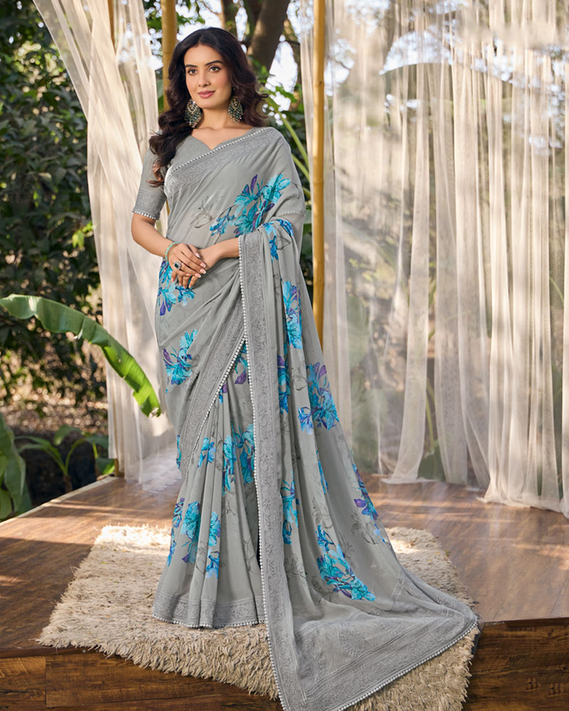 Vishal Prints Dusty Grey Designer Digital Print Georgette Saree With Embroidery Work