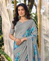 Vishal Prints Dusty Grey Designer Digital Print Georgette Saree With Embroidery Work