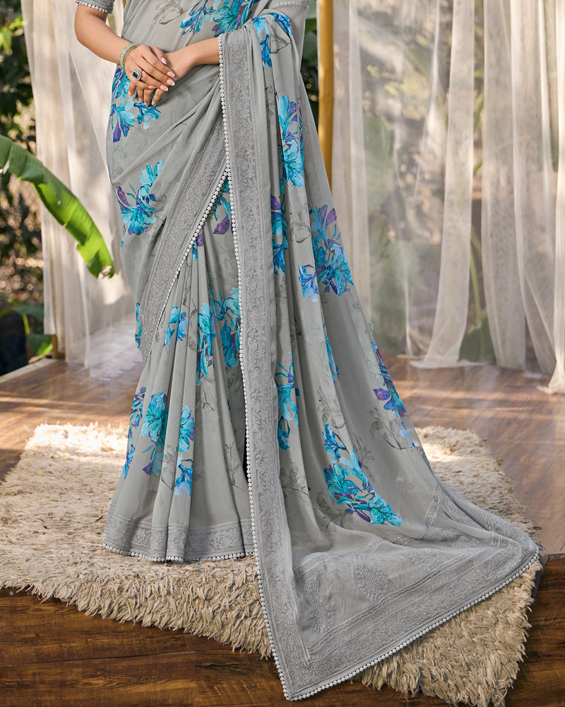 Vishal Prints Dusty Grey Designer Digital Print Georgette Saree With Embroidery Work