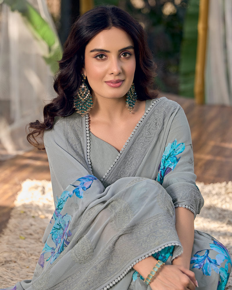 Vishal Prints Dusty Grey Designer Digital Print Georgette Saree With Embroidery Work