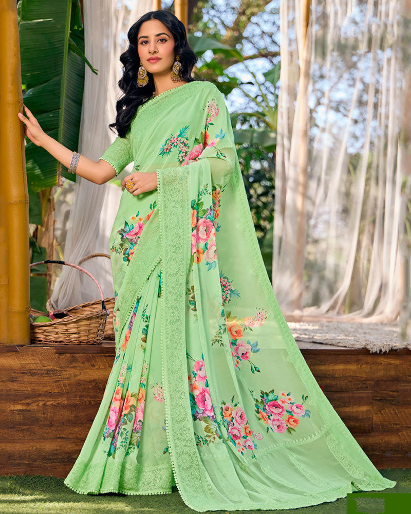 Vishal Prints Pastel Olive Green Designer Digital Print Georgette Saree With Embroidery Work
