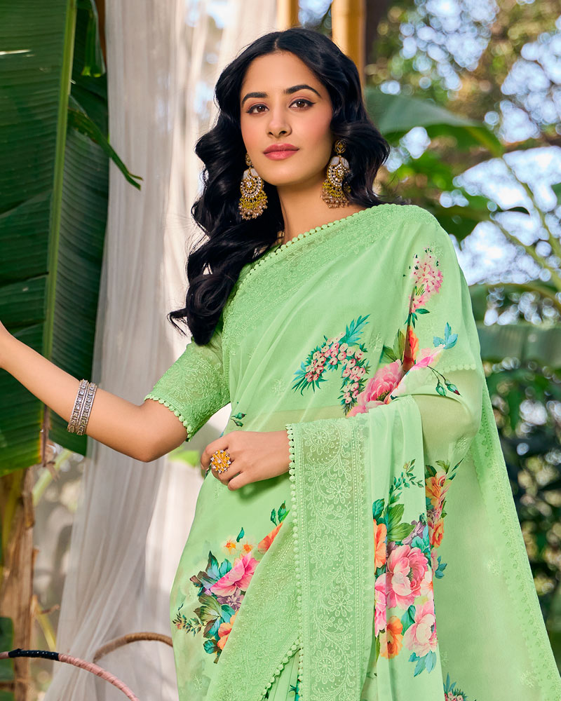 Vishal Prints Pastel Olive Green Designer Digital Print Georgette Saree With Embroidery Work