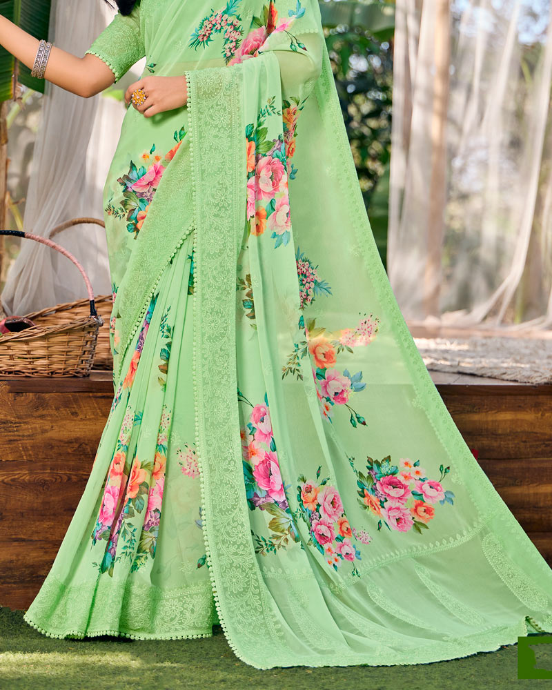 Vishal Prints Pastel Olive Green Designer Digital Print Georgette Saree With Embroidery Work