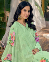 Vishal Prints Pastel Olive Green Designer Digital Print Georgette Saree With Embroidery Work