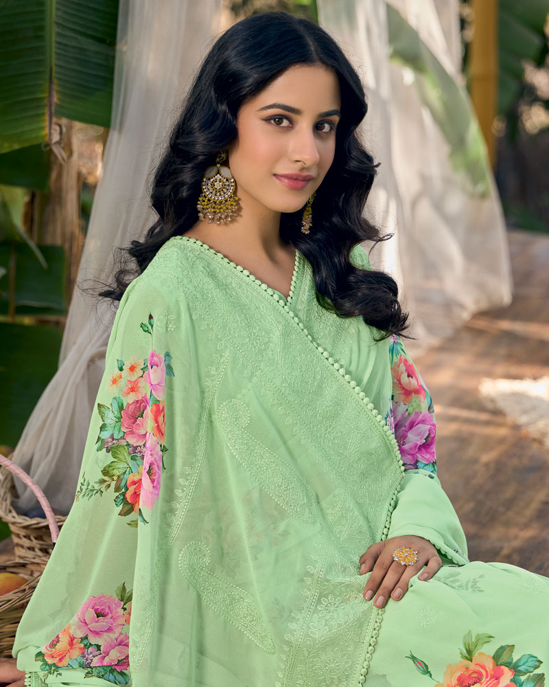 Vishal Prints Pastel Olive Green Designer Digital Print Georgette Saree With Embroidery Work